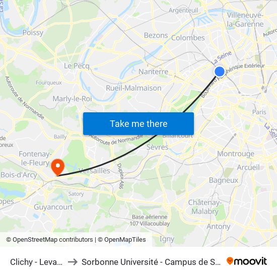 Clichy - Levallois to Sorbonne Université - Campus de Saint-Cyr map