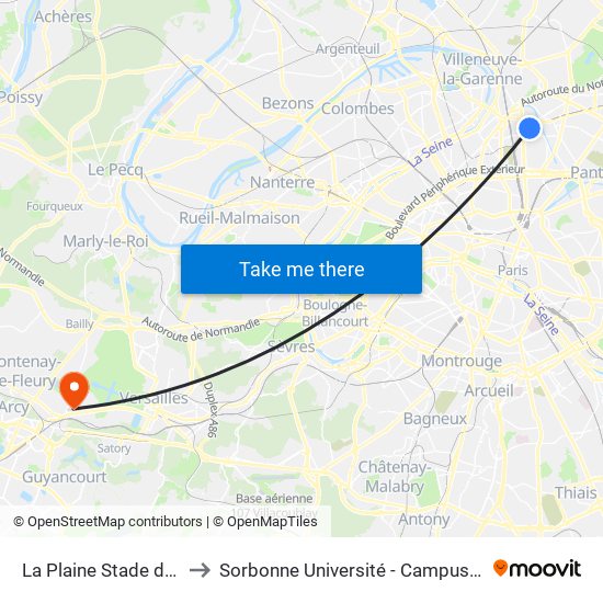 La Plaine Stade de France to Sorbonne Université - Campus de Saint-Cyr map