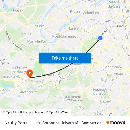 Neuilly Porte Maillot to Sorbonne Université - Campus de Saint-Cyr map