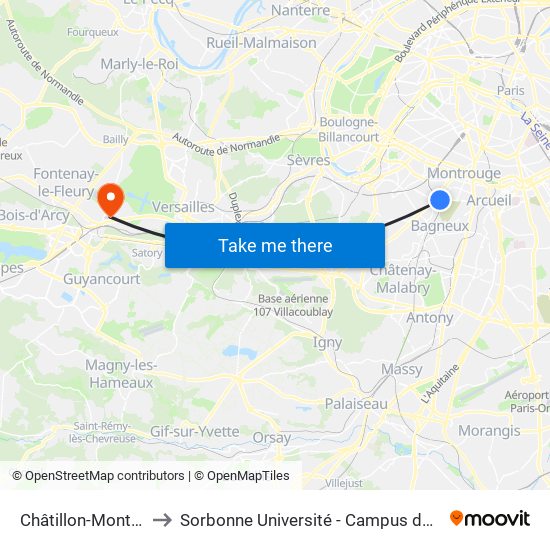 Châtillon-Montrouge to Sorbonne Université - Campus de Saint-Cyr map