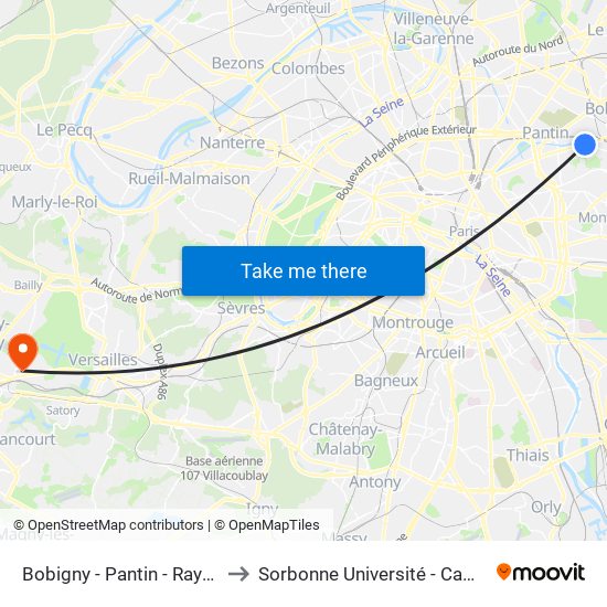 Bobigny - Pantin - Raymond Queneau to Sorbonne Université - Campus de Saint-Cyr map