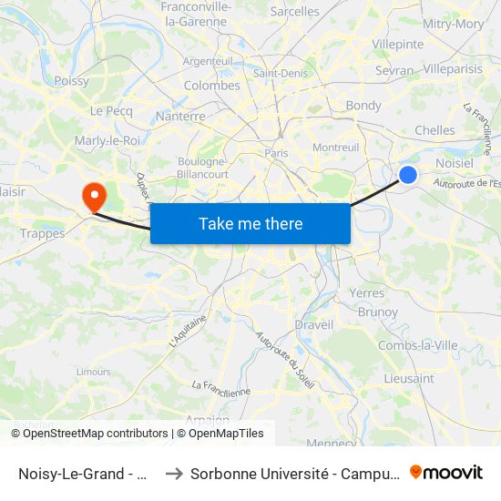 Noisy-Le-Grand - Mont D'Est to Sorbonne Université - Campus de Saint-Cyr map
