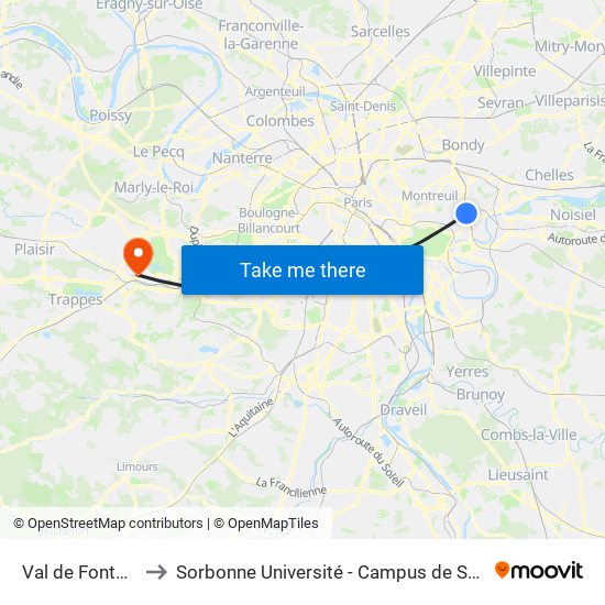 Val de Fontenay to Sorbonne Université - Campus de Saint-Cyr map