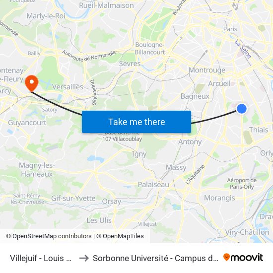 Villejuif - Louis Aragon to Sorbonne Université - Campus de Saint-Cyr map