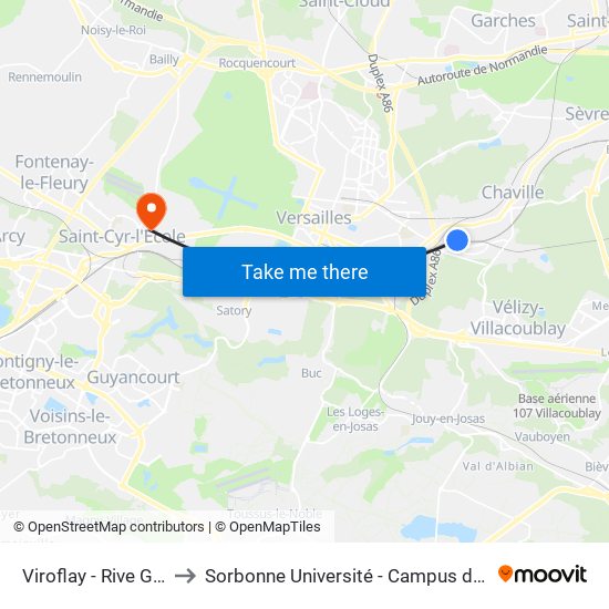 Viroflay - Rive Gauche to Sorbonne Université - Campus de Saint-Cyr map