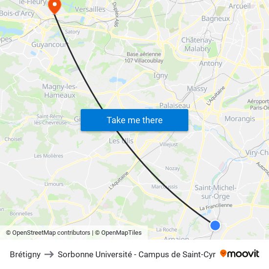 Brétigny to Sorbonne Université - Campus de Saint-Cyr map