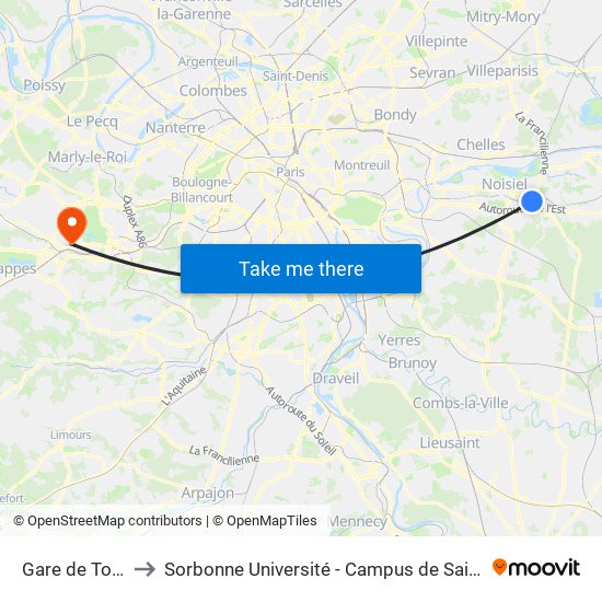 Gare de Torcy to Sorbonne Université - Campus de Saint-Cyr map