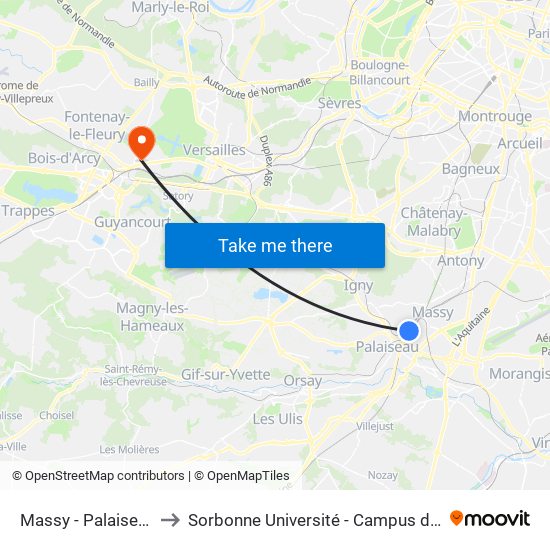 Massy - Palaiseau RER to Sorbonne Université - Campus de Saint-Cyr map