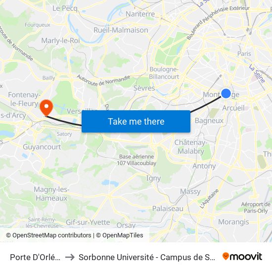 Porte D'Orléans to Sorbonne Université - Campus de Saint-Cyr map