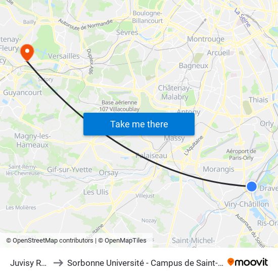 Juvisy RER to Sorbonne Université - Campus de Saint-Cyr map