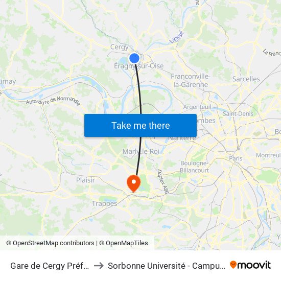 Gare de Cergy Préfecture (C) to Sorbonne Université - Campus de Saint-Cyr map
