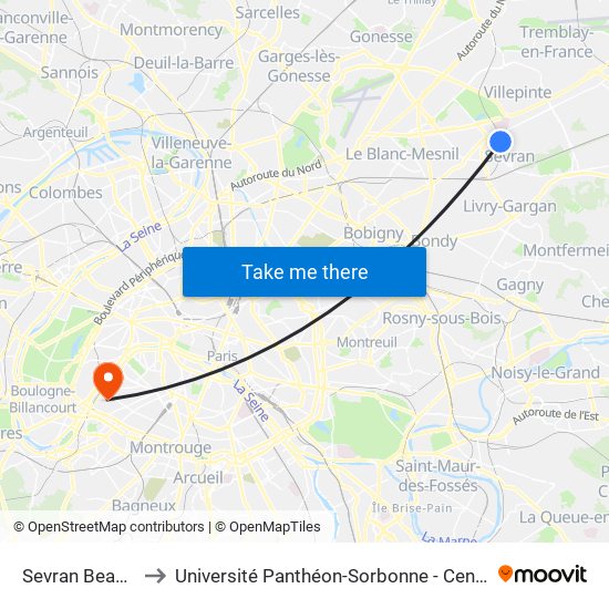 Sevran Beaudottes to Université Panthéon-Sorbonne - Centre Saint-Charles map