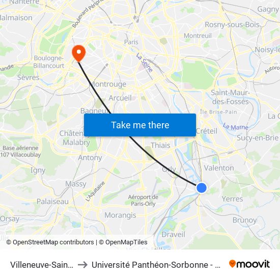 Villeneuve-Saint-Georges to Université Panthéon-Sorbonne - Centre Saint-Charles map
