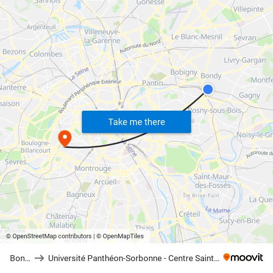 Bondy to Université Panthéon-Sorbonne - Centre Saint-Charles map
