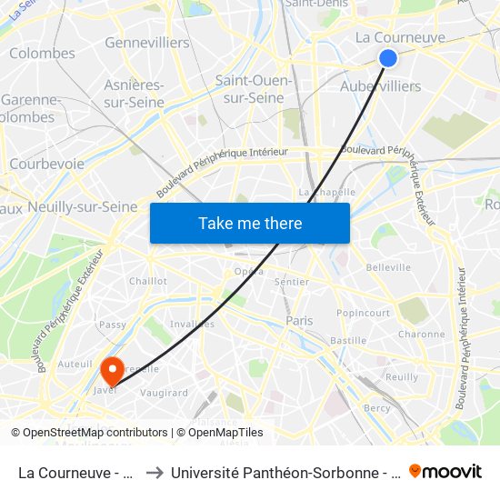 La Courneuve - Aubervilliers to Université Panthéon-Sorbonne - Centre Saint-Charles map