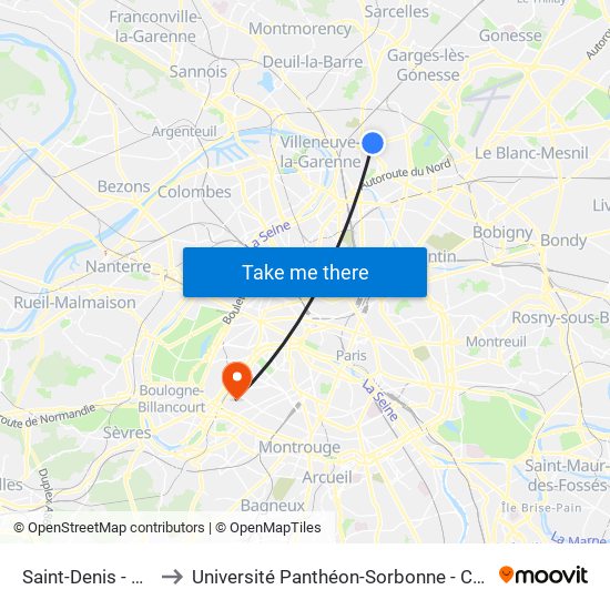 Saint-Denis - Université to Université Panthéon-Sorbonne - Centre Saint-Charles map