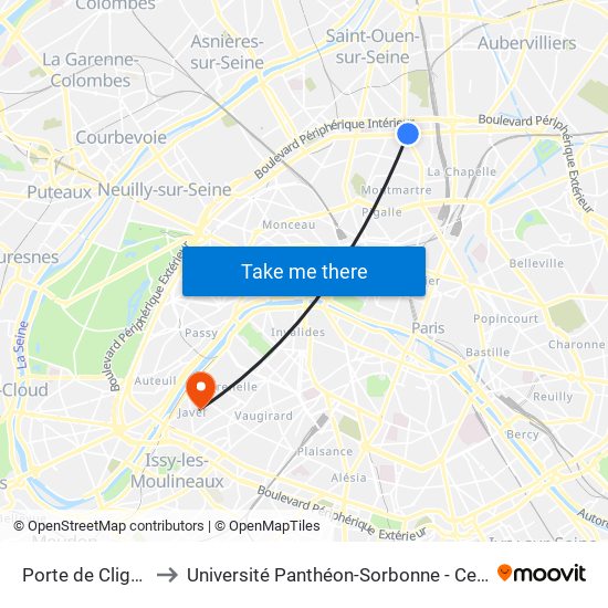 Porte de Clignancourt to Université Panthéon-Sorbonne - Centre Saint-Charles map