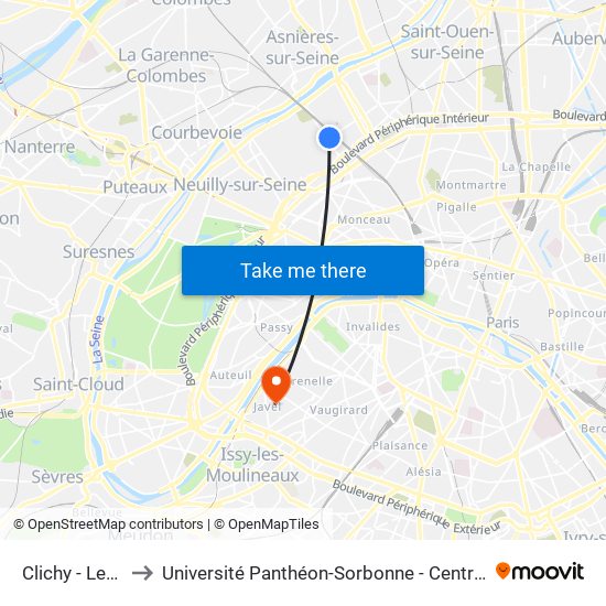Clichy - Levallois to Université Panthéon-Sorbonne - Centre Saint-Charles map