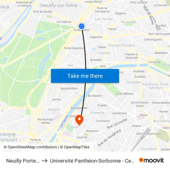 Neuilly Porte Maillot to Université Panthéon-Sorbonne - Centre Saint-Charles map