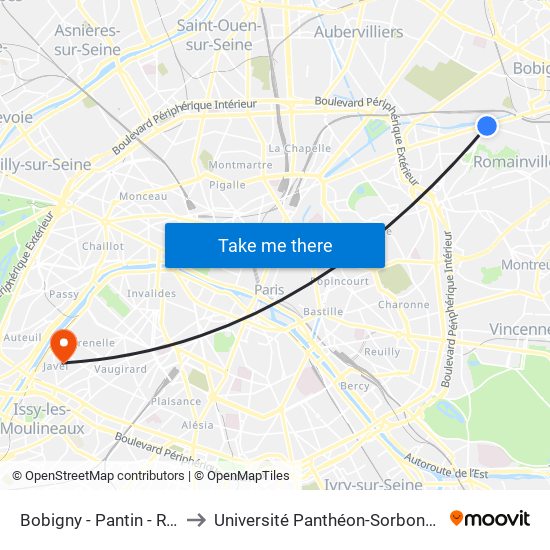 Bobigny - Pantin - Raymond Queneau to Université Panthéon-Sorbonne - Centre Saint-Charles map
