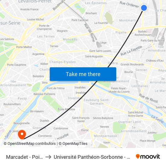 Marcadet - Poissonniers to Université Panthéon-Sorbonne - Centre Saint-Charles map