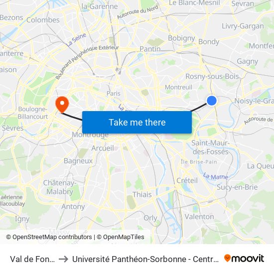 Val de Fontenay to Université Panthéon-Sorbonne - Centre Saint-Charles map
