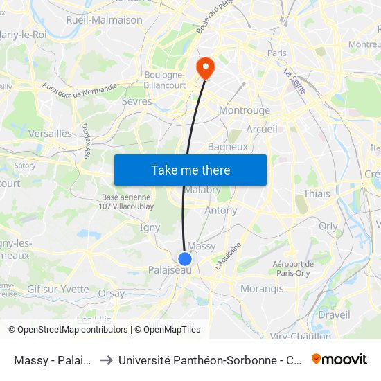 Massy - Palaiseau RER to Université Panthéon-Sorbonne - Centre Saint-Charles map