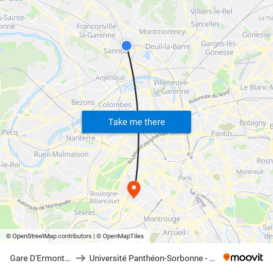 Gare D'Ermont-Eaubonne to Université Panthéon-Sorbonne - Centre Saint-Charles map