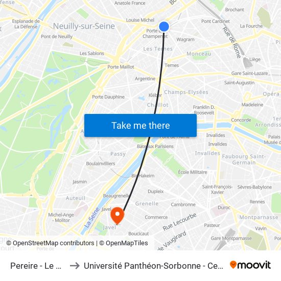 Pereire - Le Chatelier to Université Panthéon-Sorbonne - Centre Saint-Charles map