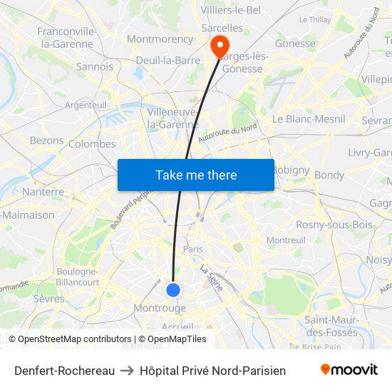 Denfert-Rochereau to Hôpital Privé Nord-Parisien map