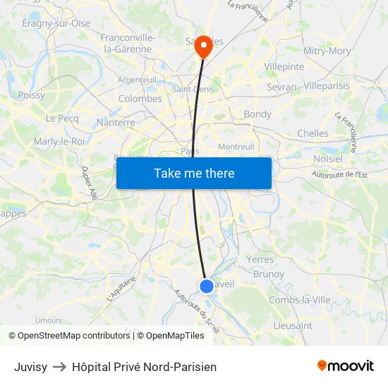 Juvisy to Hôpital Privé Nord-Parisien map