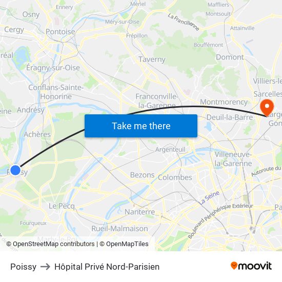 Poissy to Hôpital Privé Nord-Parisien map