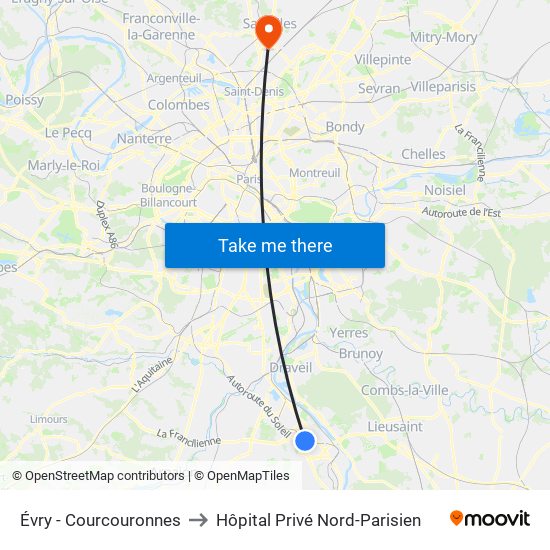 Évry - Courcouronnes to Hôpital Privé Nord-Parisien map
