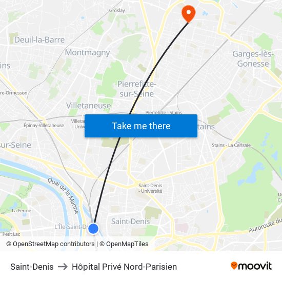 Saint-Denis to Hôpital Privé Nord-Parisien map