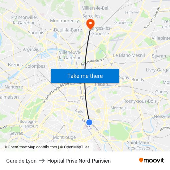 Gare de Lyon to Hôpital Privé Nord-Parisien map