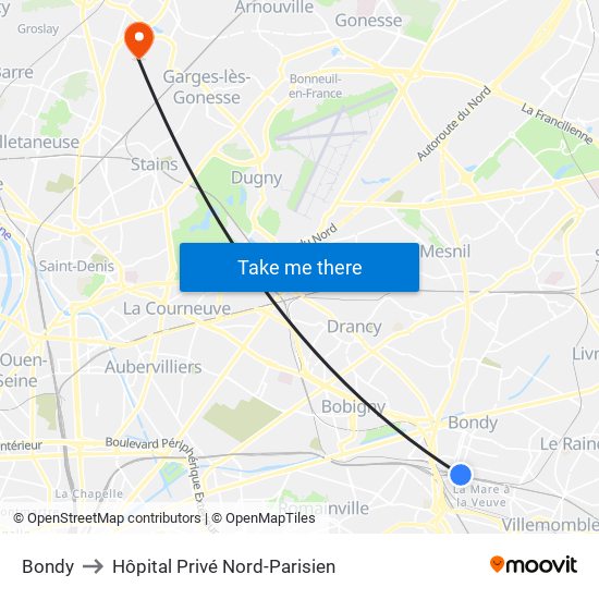 Bondy to Hôpital Privé Nord-Parisien map