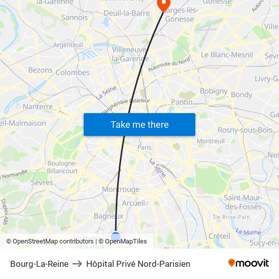 Bourg-La-Reine to Hôpital Privé Nord-Parisien map