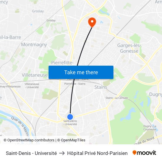 Saint-Denis - Université to Hôpital Privé Nord-Parisien map