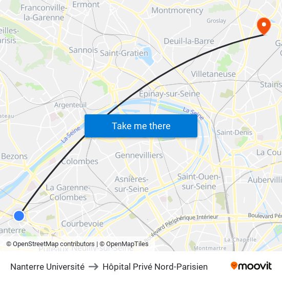 Nanterre Université to Hôpital Privé Nord-Parisien map
