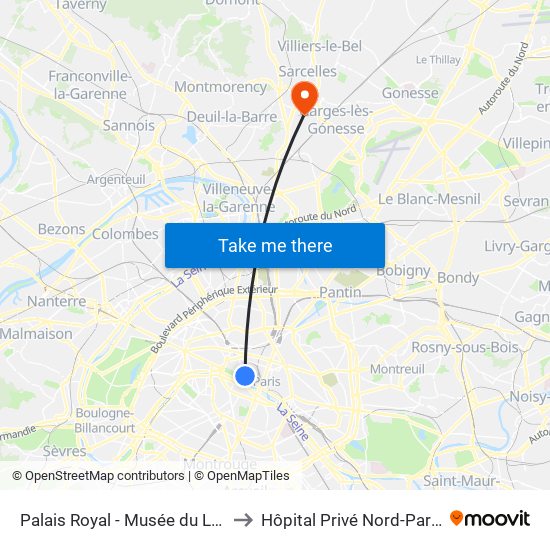 Palais Royal - Musée du Louvre to Hôpital Privé Nord-Parisien map