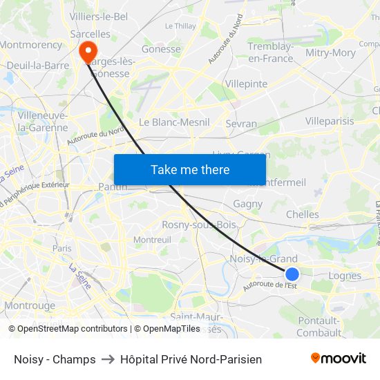 Noisy - Champs to Hôpital Privé Nord-Parisien map