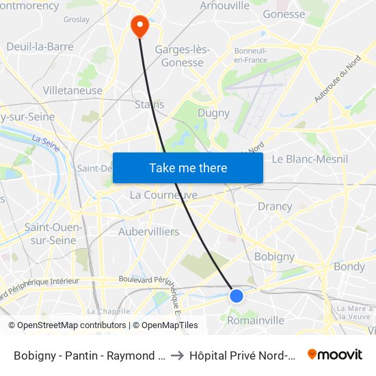 Bobigny - Pantin - Raymond Queneau to Hôpital Privé Nord-Parisien map
