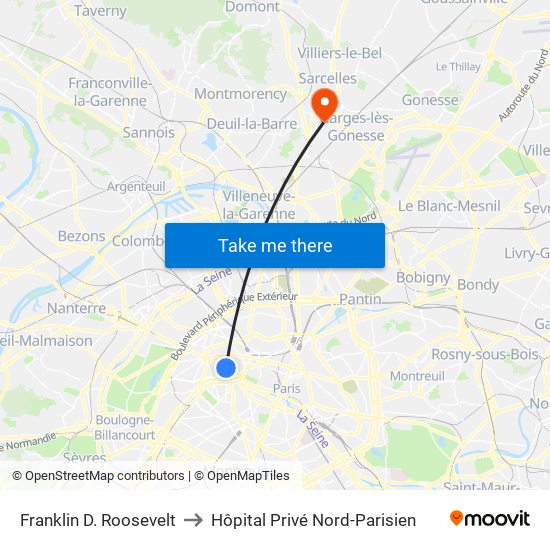 Franklin D. Roosevelt to Hôpital Privé Nord-Parisien map