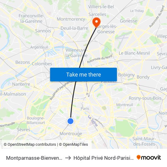 Montparnasse-Bienvenue to Hôpital Privé Nord-Parisien map