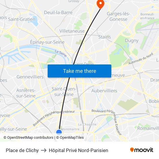 Place de Clichy to Hôpital Privé Nord-Parisien map