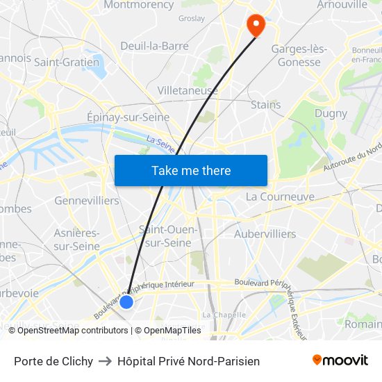 Porte de Clichy to Hôpital Privé Nord-Parisien map