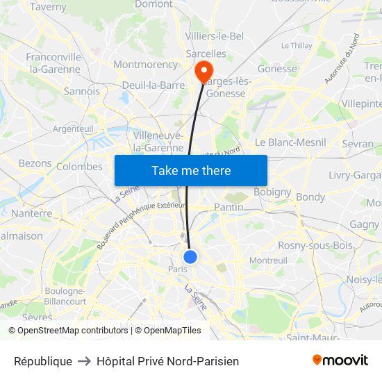 République to Hôpital Privé Nord-Parisien map