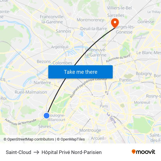 Saint-Cloud to Hôpital Privé Nord-Parisien map