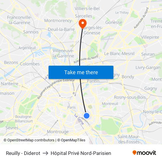 Reuilly - Diderot to Hôpital Privé Nord-Parisien map