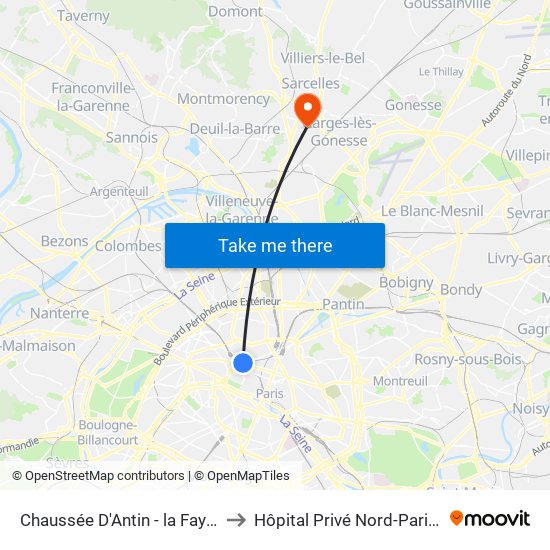 Chaussée D'Antin - la Fayette to Hôpital Privé Nord-Parisien map